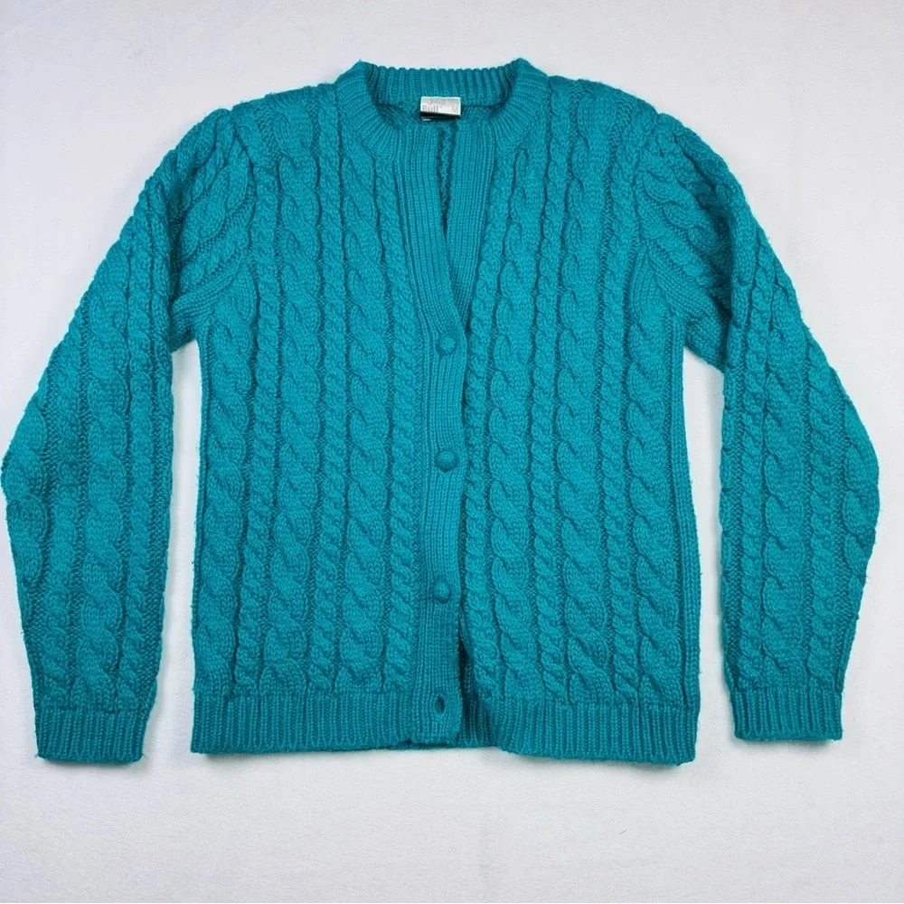 Vintage Cable Knit Cardigan Sweater Women's Medium Turquoise Hand Loomed 70s